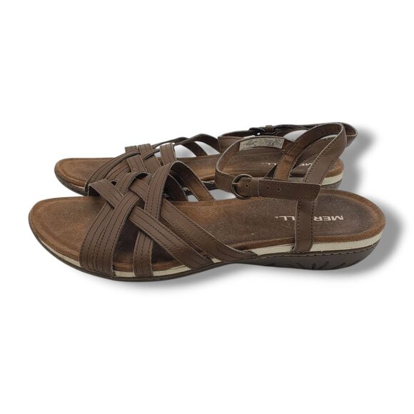 Merrell Earth Sandals Womens 11 Leather Criss Cross Buckle Brown‎ - Picture 6 of 9
